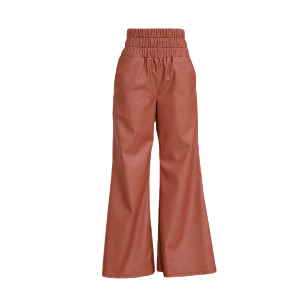 Faux Leather Smocked High Waist Wide Leg Pants - Brown