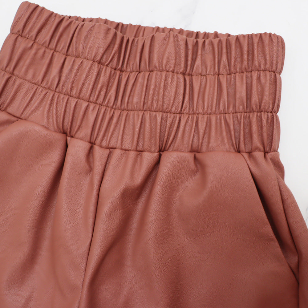 Faux Leather Smocked High Waist Wide Leg Pants - Brown - 2
