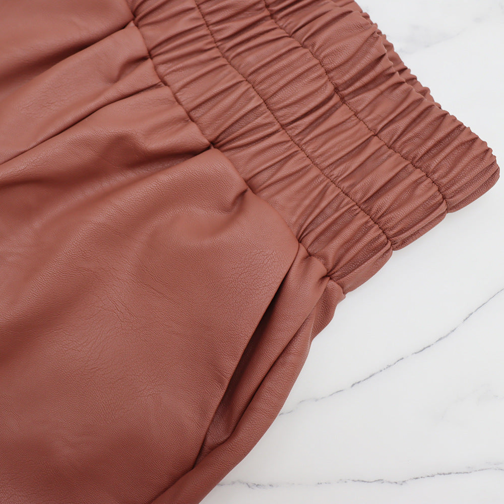 Faux Leather Smocked High Waist Wide Leg Pants - Brown - 3