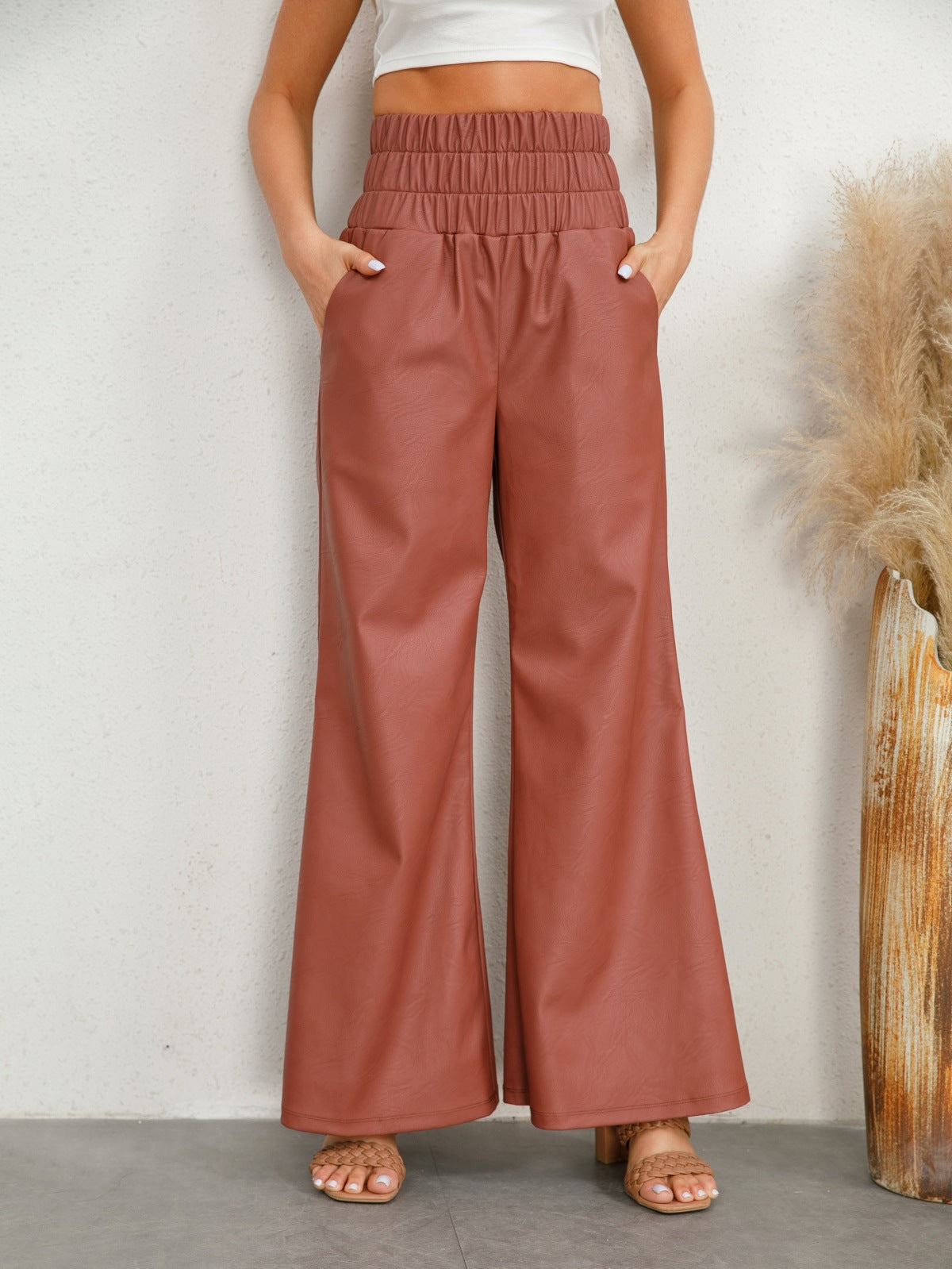 Faux Leather Smocked High Waist Wide Leg Pants - Brown - 4