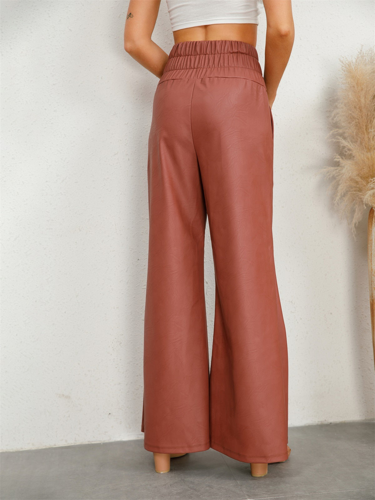 Faux Leather Smocked High Waist Wide Leg Pants - Brown - 5
