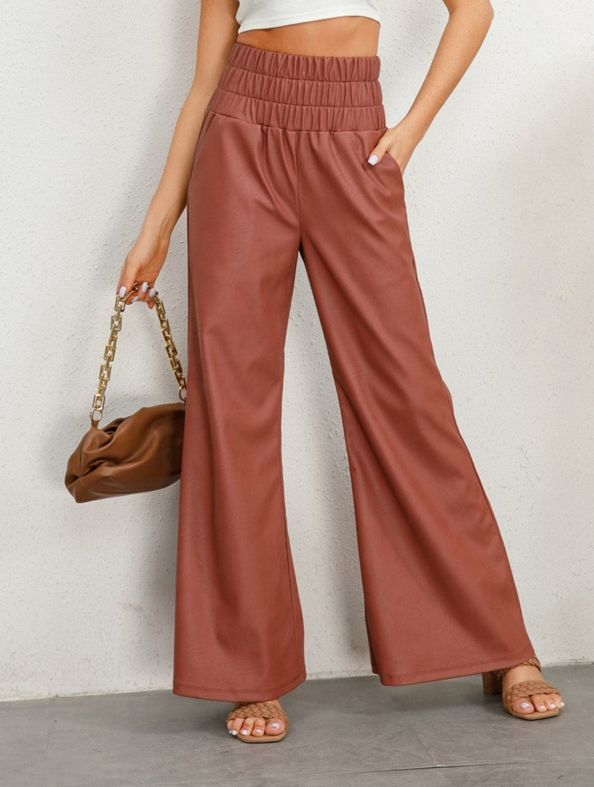 Faux Leather Smocked High Waist Wide Leg Pants - Brown - 6