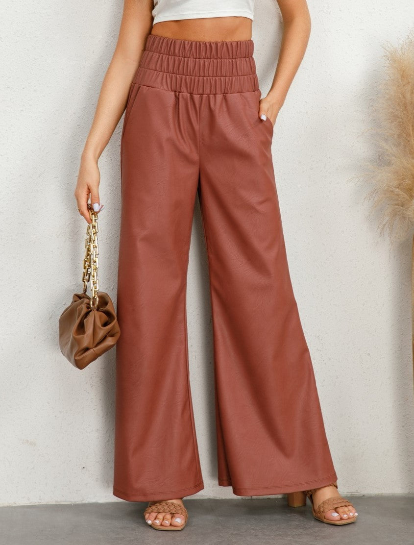 Faux Leather Smocked High Waist Wide Leg Pants - Brown - 7