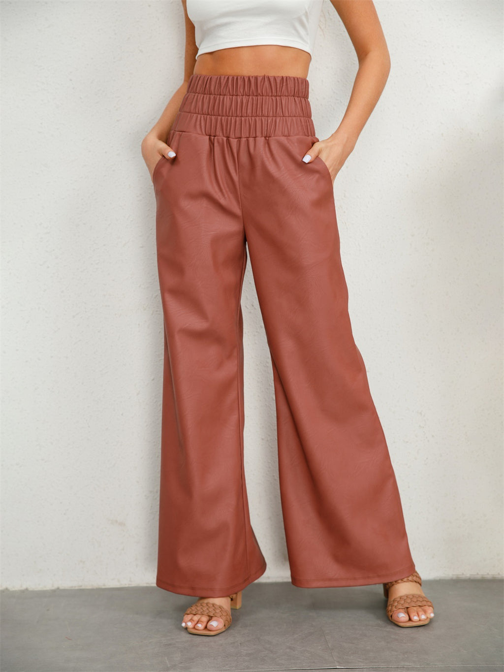 Faux Leather Smocked High Waist Wide Leg Pants