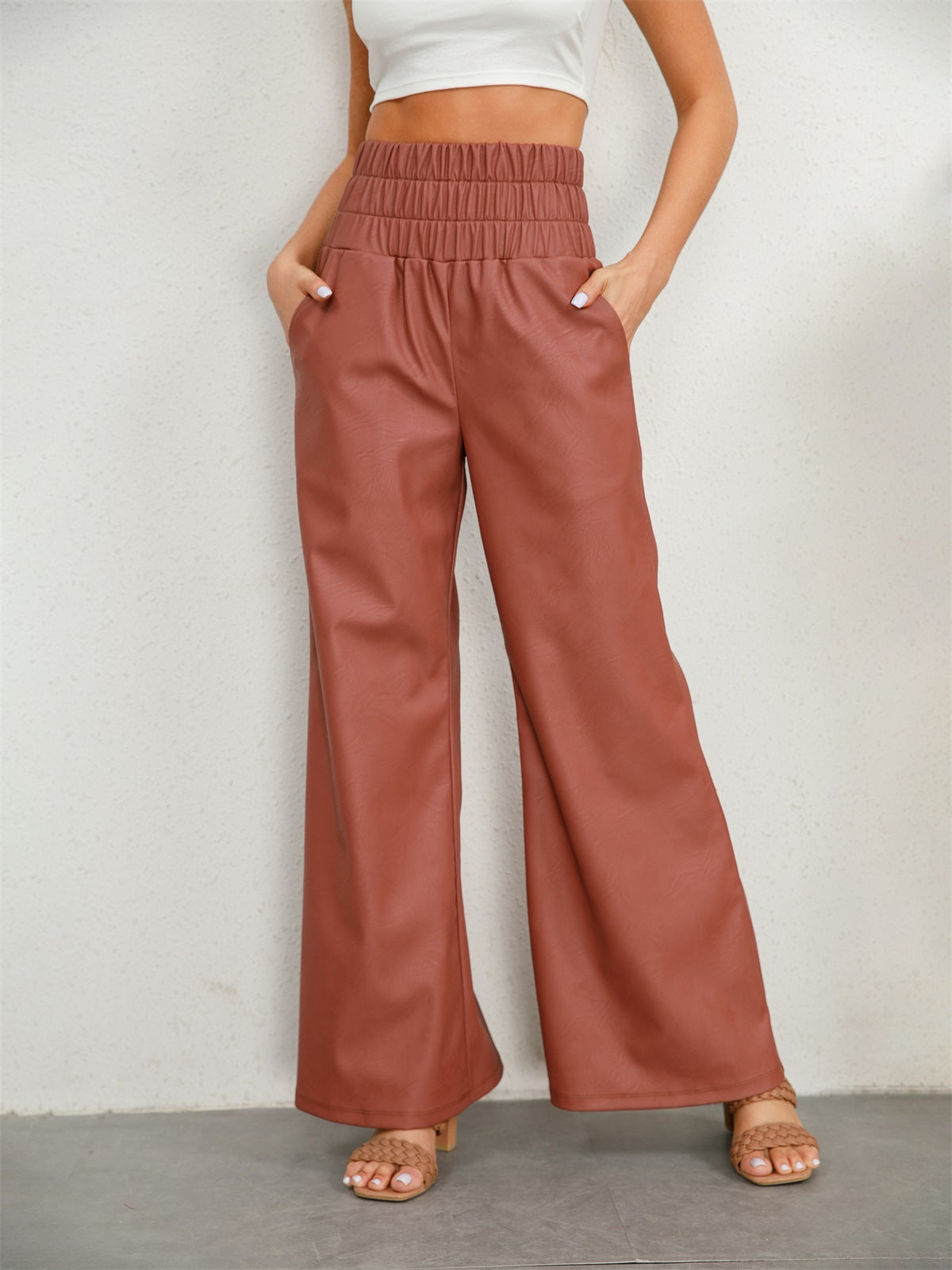 Faux Leather Smocked High Waist Wide Leg Pants
