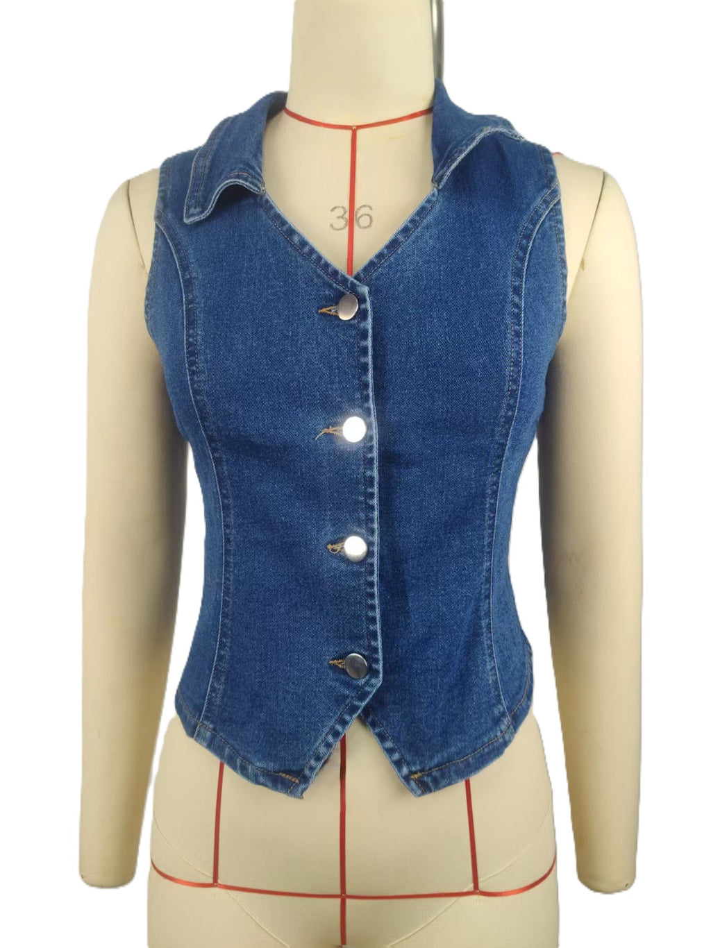 Fitted Denim Vest With Button Front - Blue - 1