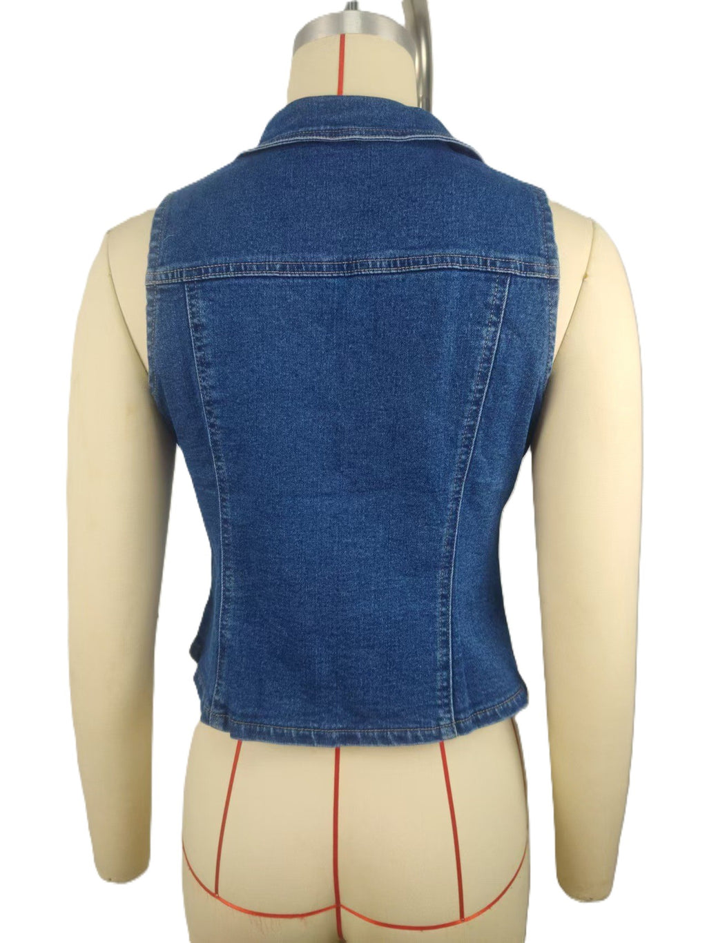 Fitted Denim Vest With Button Front - Blue - 4