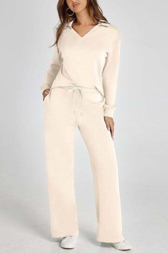 Collared Knit Pullover And Wide Leg Pant Set - Beige