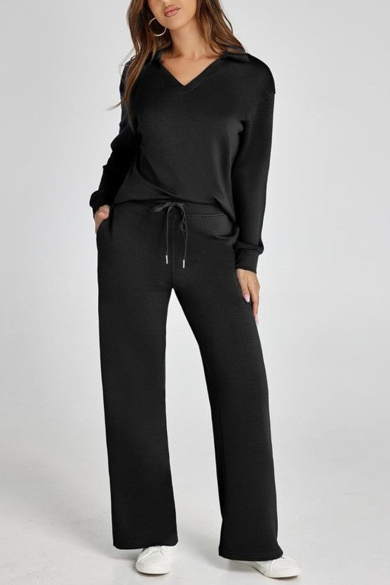 Collared Knit Pullover And Wide Leg Pant Set - Black