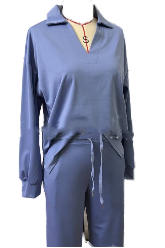 Collared Knit Pullover And Wide Leg Pant Set - Grapemist