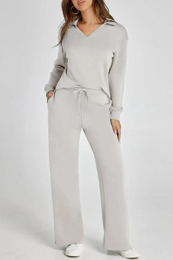 Collared Knit Pullover And Wide Leg Pant Set - Grey