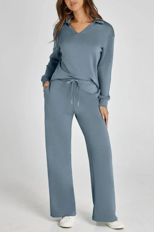 Collared Knit Pullover And Wide Leg Pant Set - Greyblue