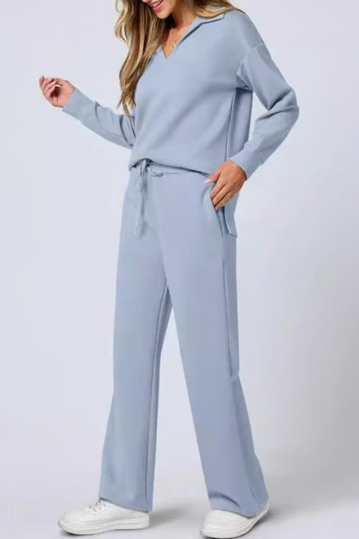 Collared Knit Pullover And Wide Leg Pant Set - Lightblue