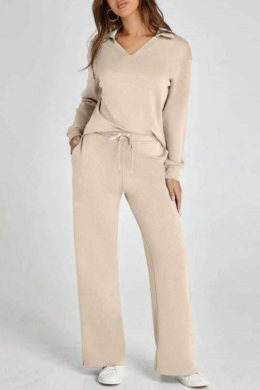 Collared Knit Pullover And Wide Leg Pant Set - Sand