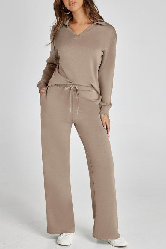 Collared Knit Pullover And Wide Leg Pant Set - Taupe