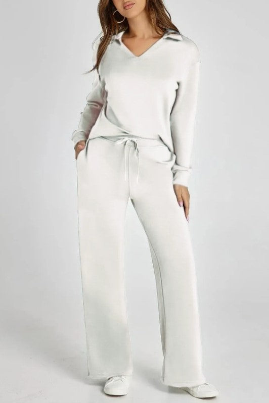 Collared Knit Pullover And Wide Leg Pant Set - white