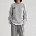 Crochet Flower Applique Crewneck Sweater - Grey