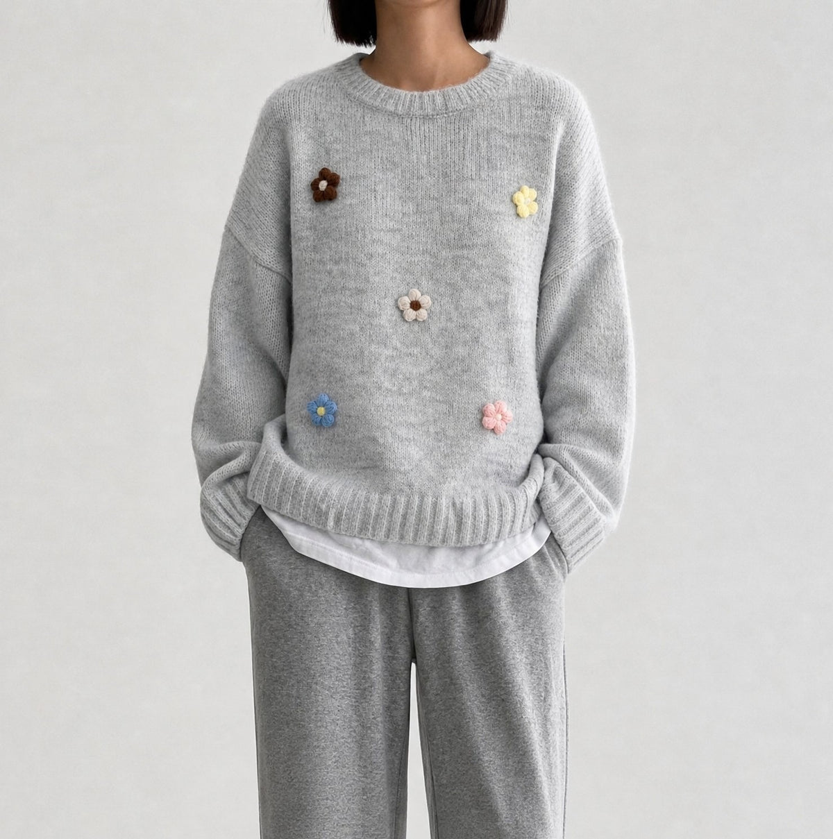 Crochet Flower Applique Crewneck Sweater - Grey