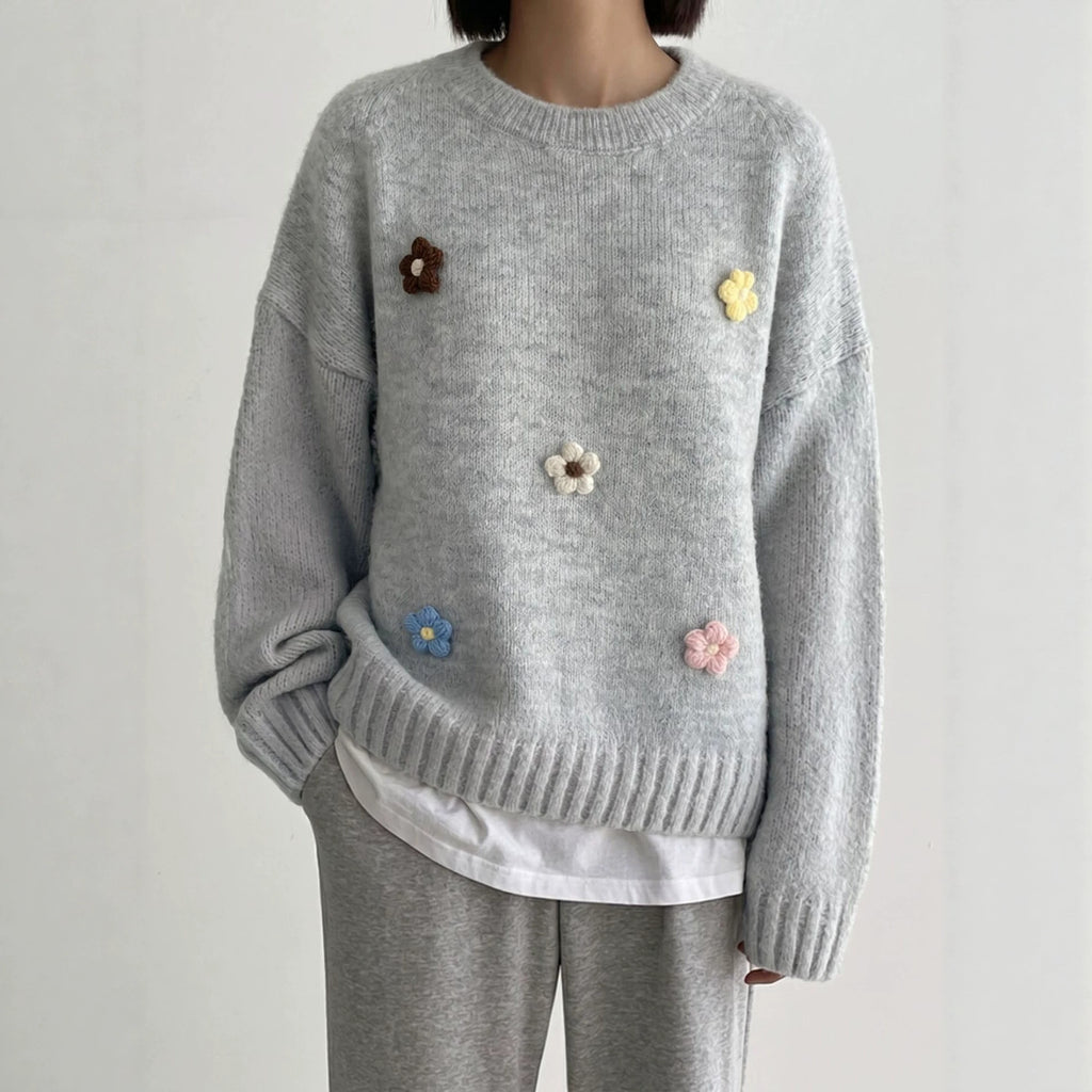 Crochet Flower Applique Crewneck Sweater - Grey - 2