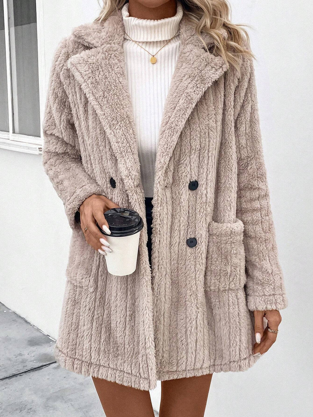 Longline Plush Faux Fur Lapel Coat - Khaki