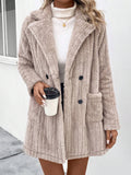 Longline Plush Faux Fur Lapel Coat - Khaki