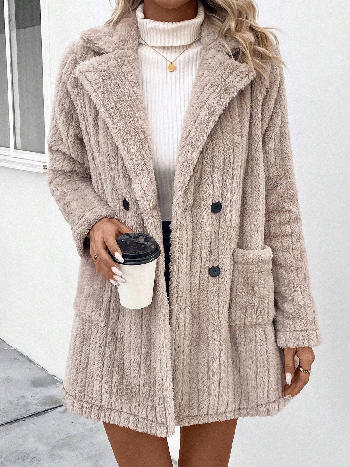 Longline Plush Faux Fur Lapel Coat - Khaki