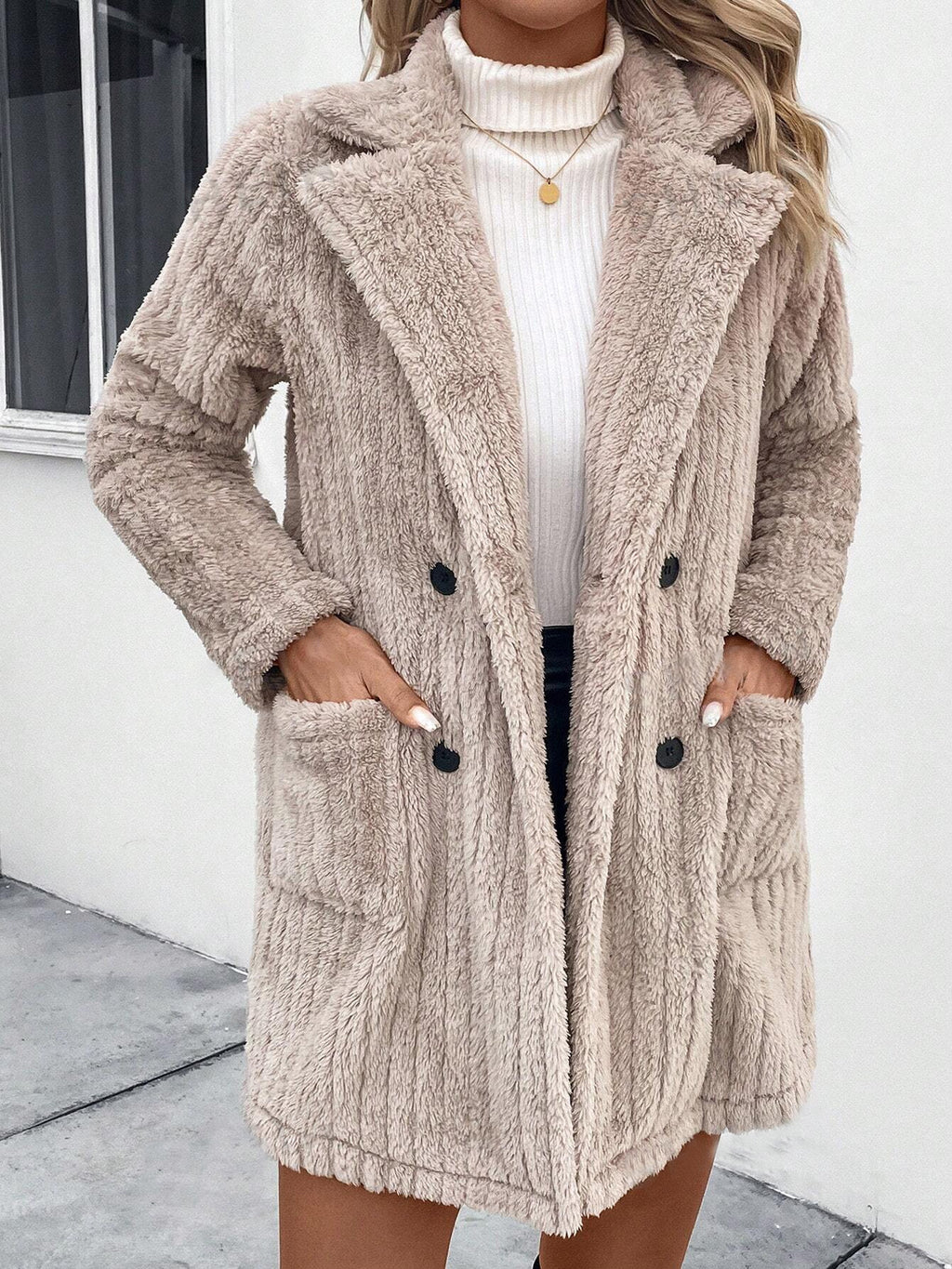 Longline Plush Faux Fur Lapel Coat - Khaki - 1