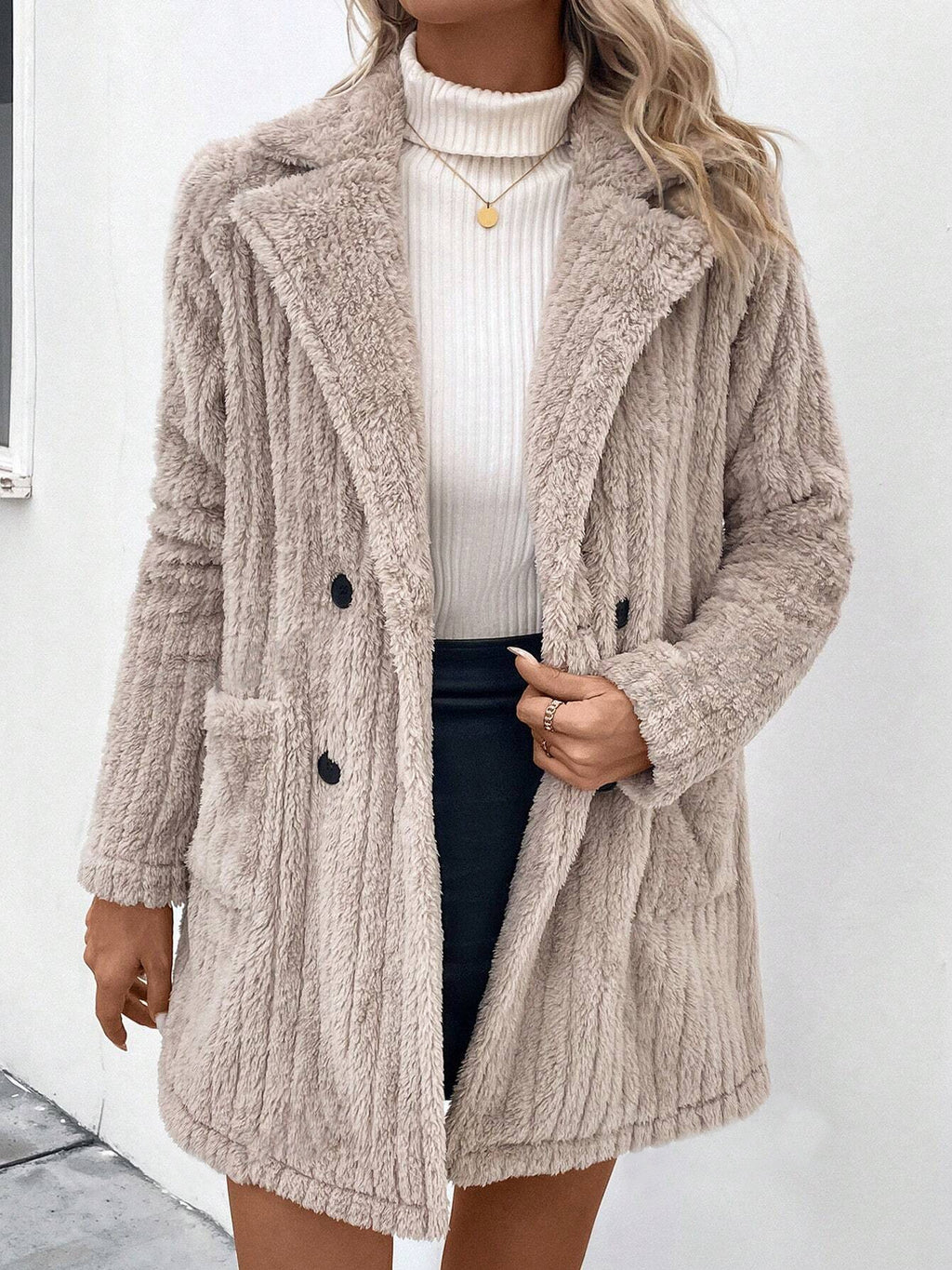 Longline Plush Faux Fur Lapel Coat - Khaki - 2