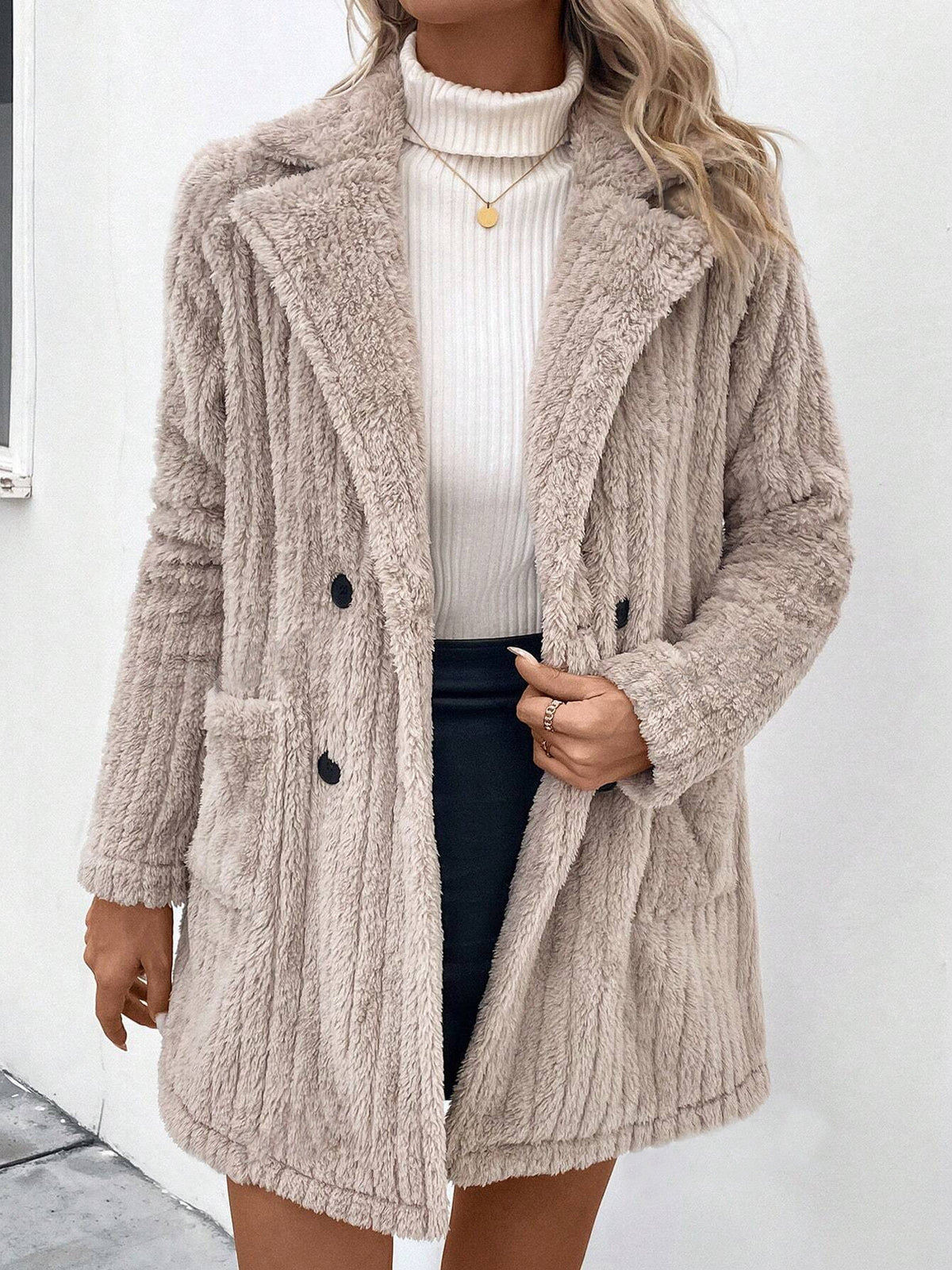 Longline Plush Faux Fur Lapel Coat - Khaki - 2