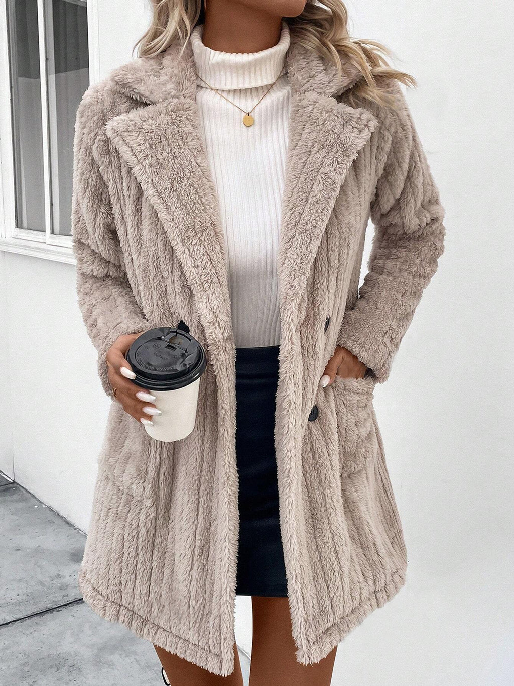 Longline Plush Faux Fur Lapel Coat - Khaki - 3
