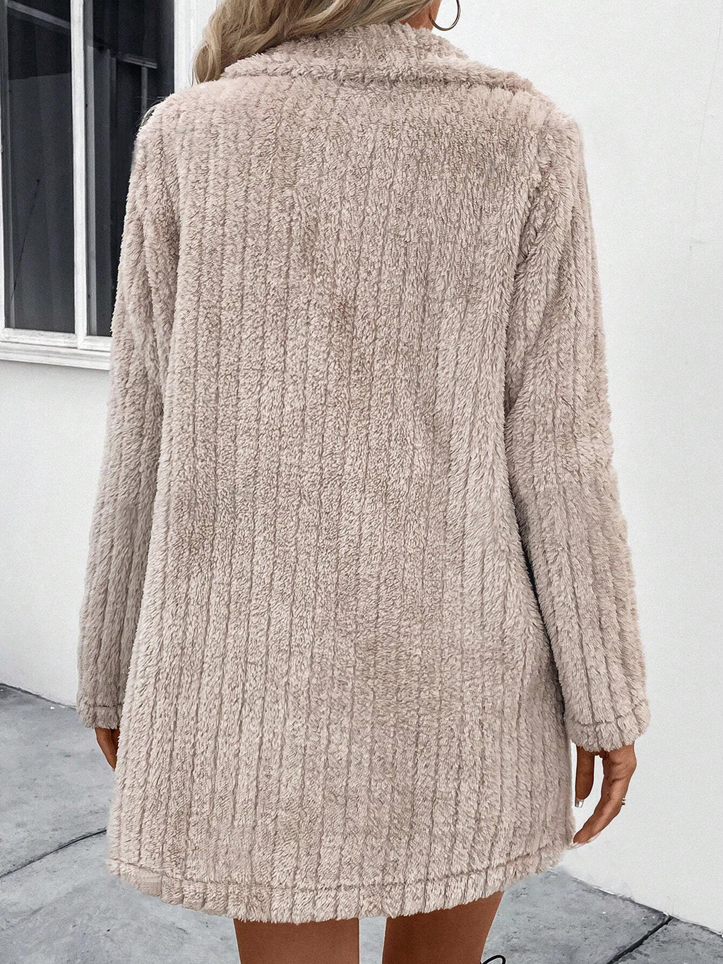 Longline Plush Faux Fur Lapel Coat - Khaki - 4