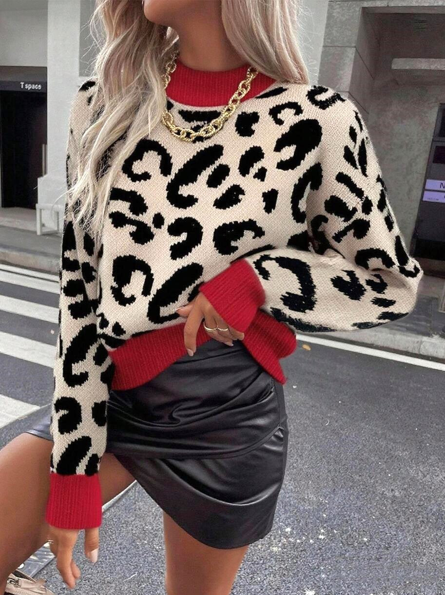 Animal Print Mock Neck Pullover Sweater - Red
