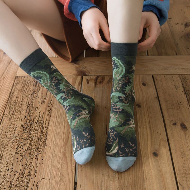 Painterly Botanical Print Crew Socks - Bird - 1
