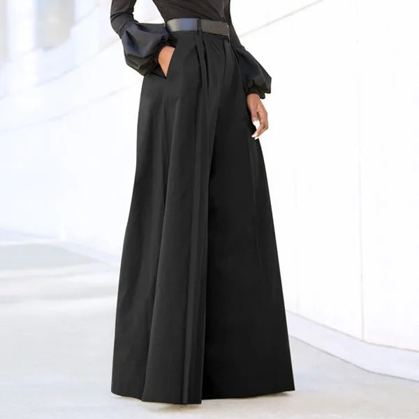High Waisted Pleated Wide Leg Palazzo Pants - Black