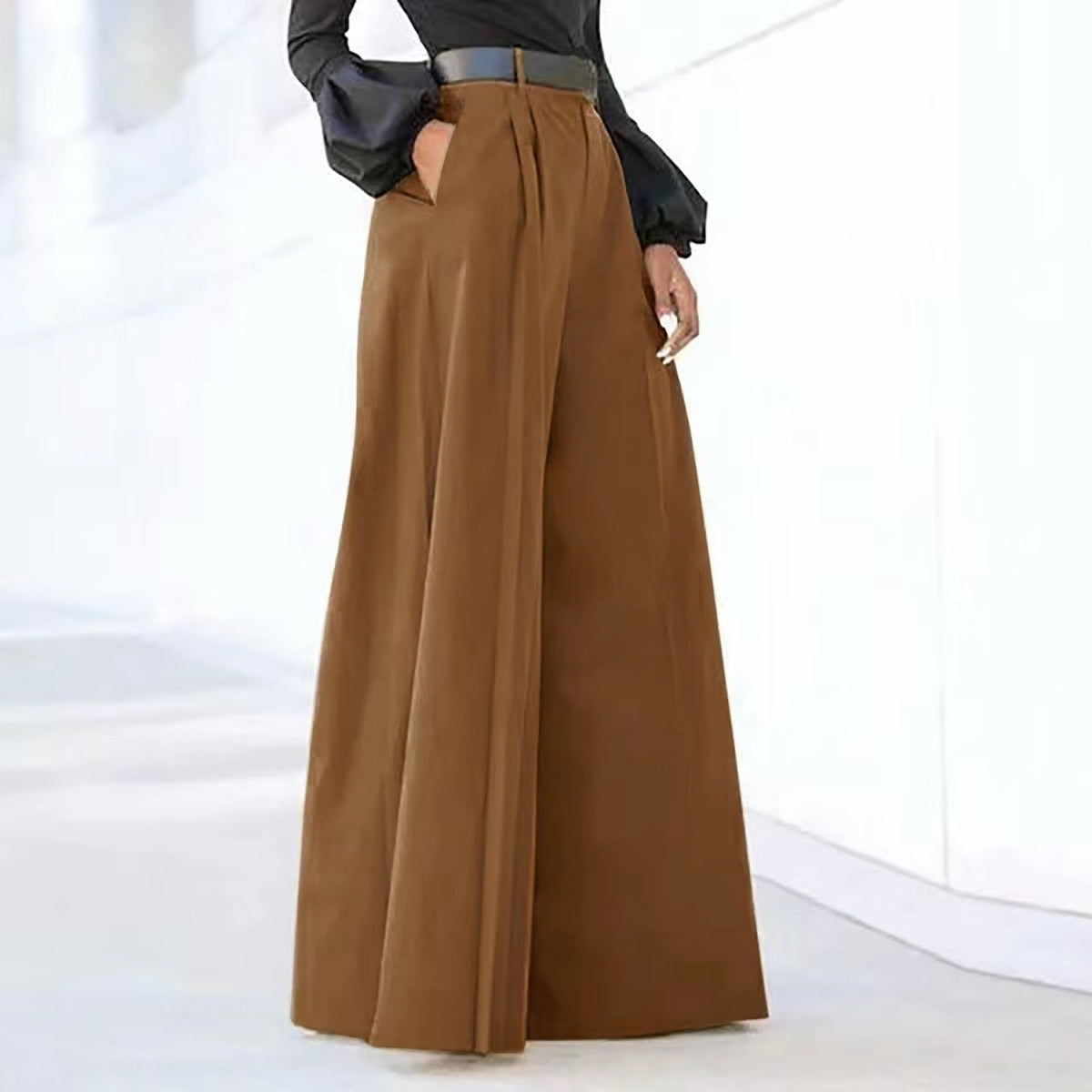 High Waisted Pleated Wide Leg Palazzo Pants - Coffee