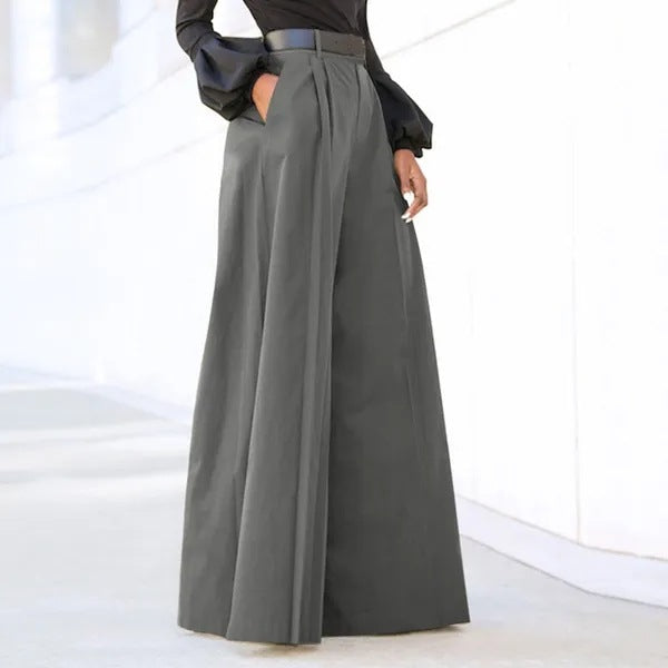 High Waisted Pleated Wide Leg Palazzo Pants - Gray