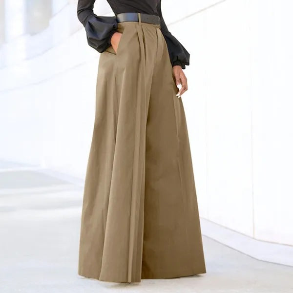High Waisted Pleated Wide Leg Palazzo Pants - Khaki