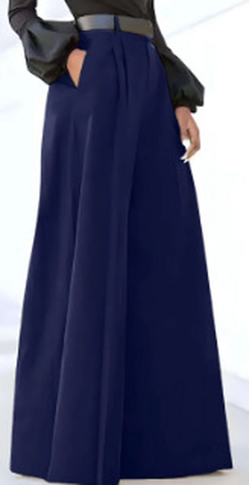 High Waisted Pleated Wide Leg Palazzo Pants - Navy
