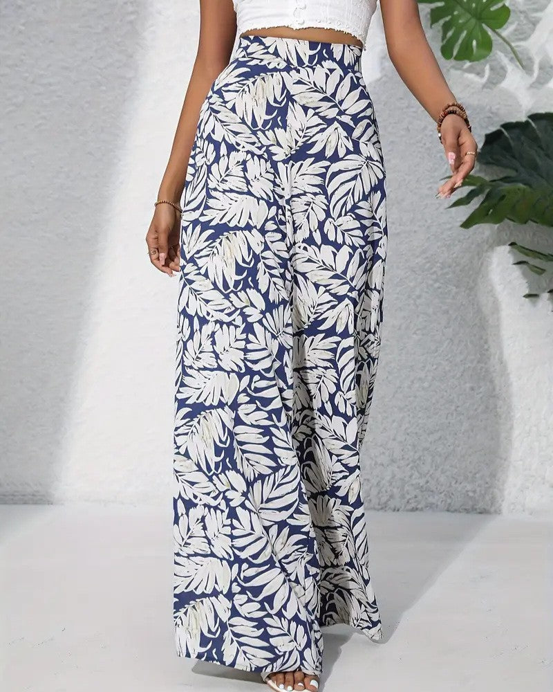 Boho Botanical Leaf Print Wide-Leg Palazzo Pants - Blue