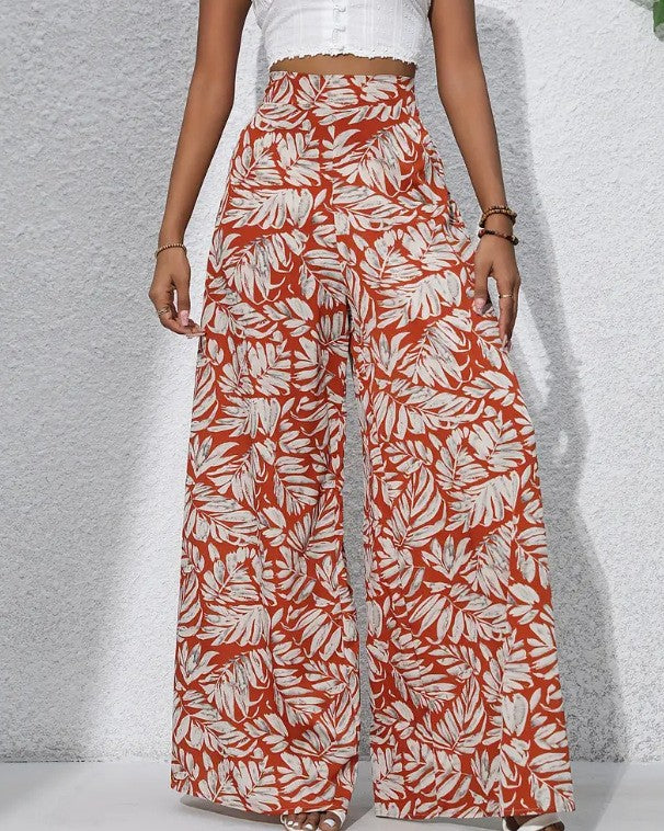 Boho Botanical Leaf Print Wide-Leg Palazzo Pants - Red
