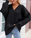 Oversized V Neck Hooded Sweatshirt With Pocket - Black