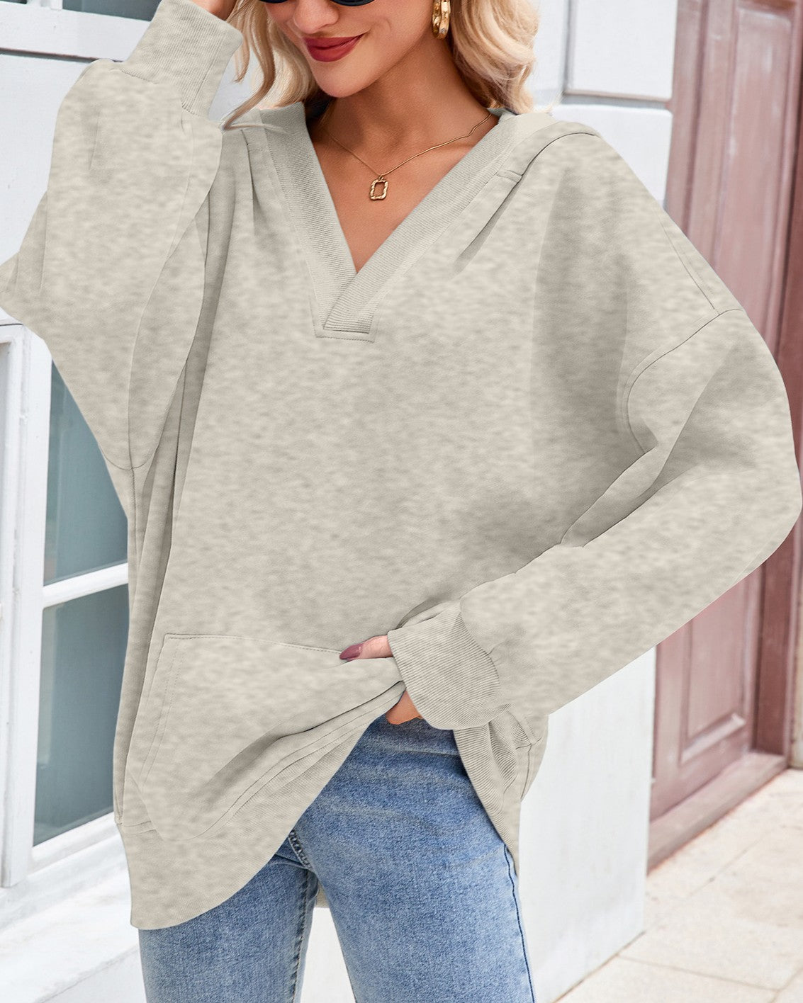 Oversized V Neck Hooded Sweatshirt With Pocket - Grey