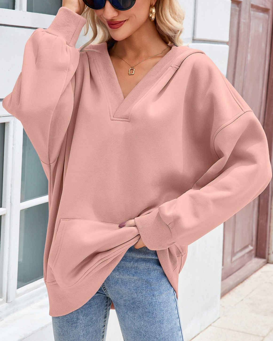 Oversized V Neck Hooded Sweatshirt With Pocket - Pink