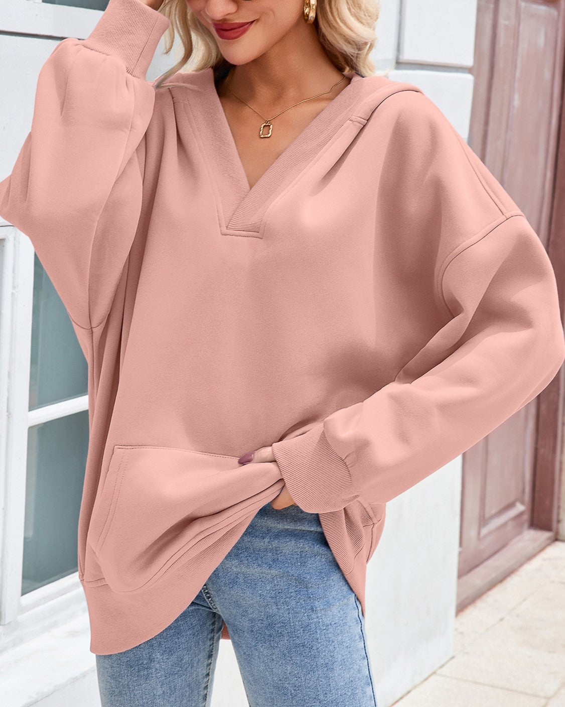 Oversized V Neck Hooded Sweatshirt With Pocket - Pink - 1