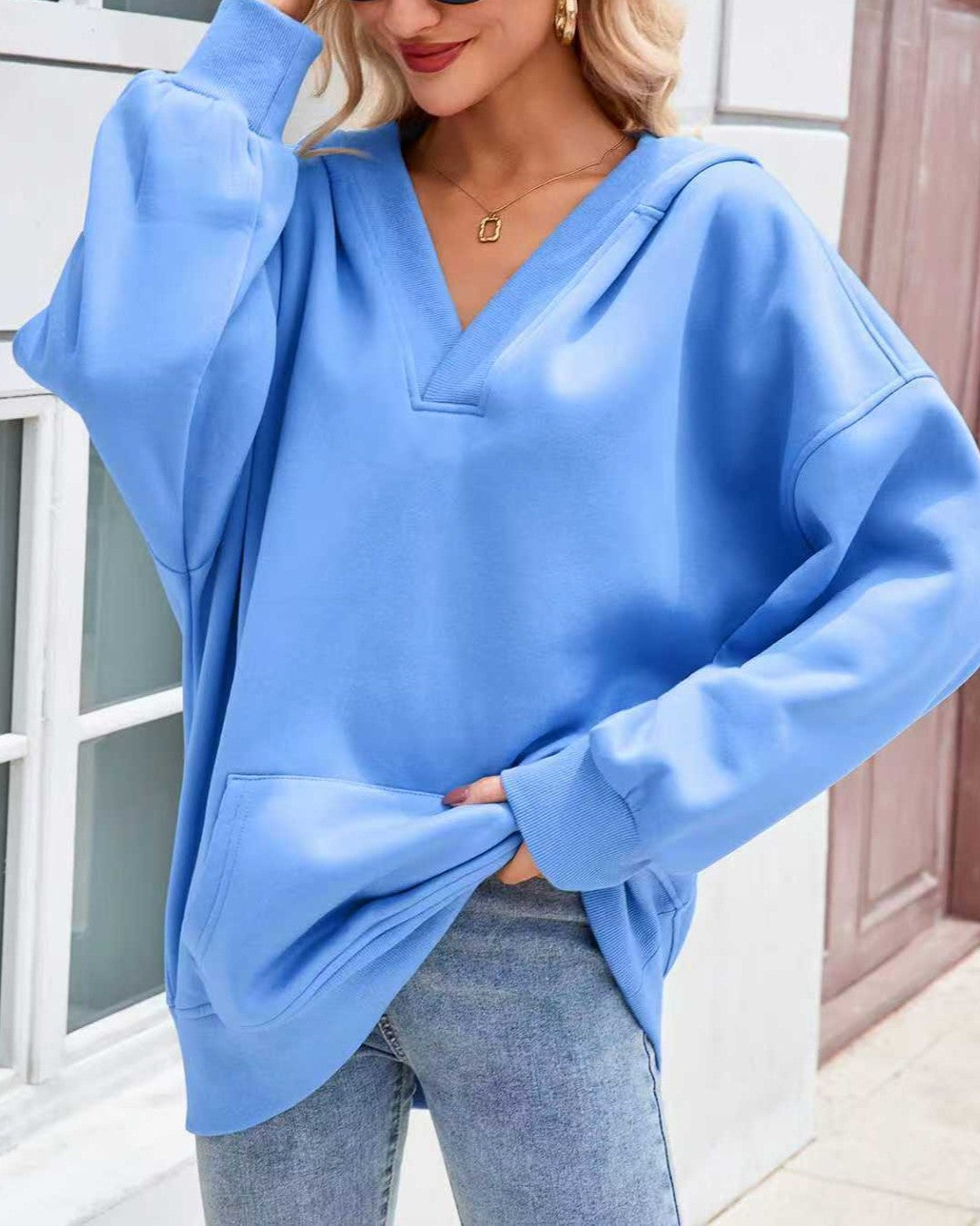 Oversized V Neck Hooded Sweatshirt With Pocket - Sky-Blue