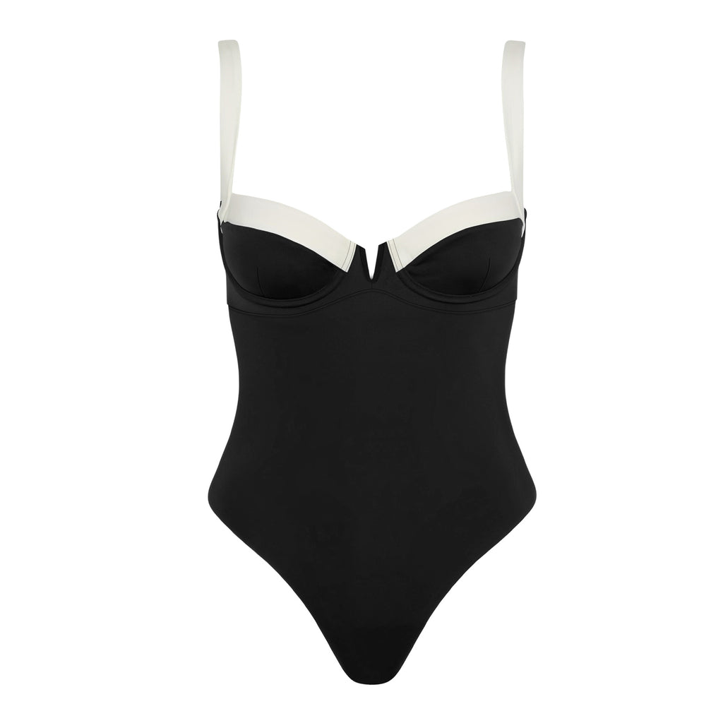 Contrast Trim Underwire One Piece Swimsuit - Black - 3
