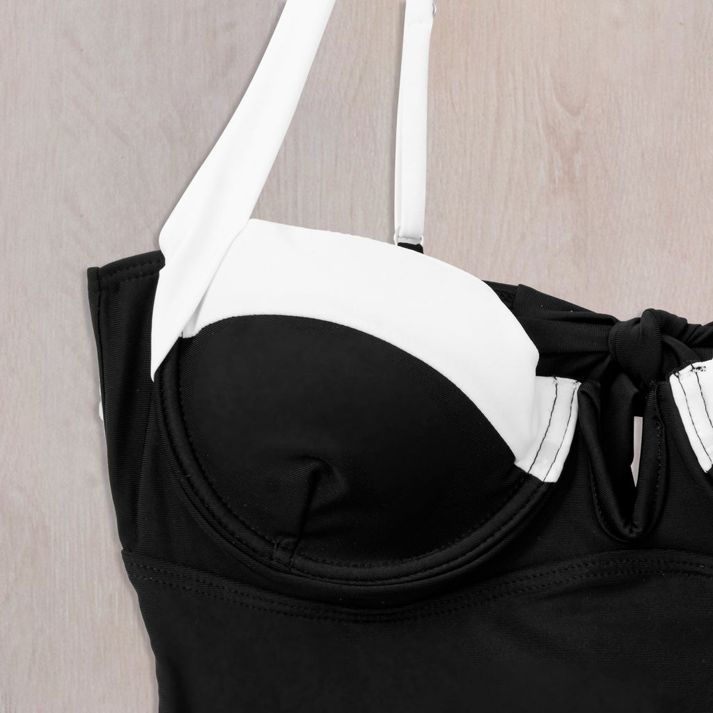 Contrast Trim Underwire One Piece Swimsuit - Black - 5