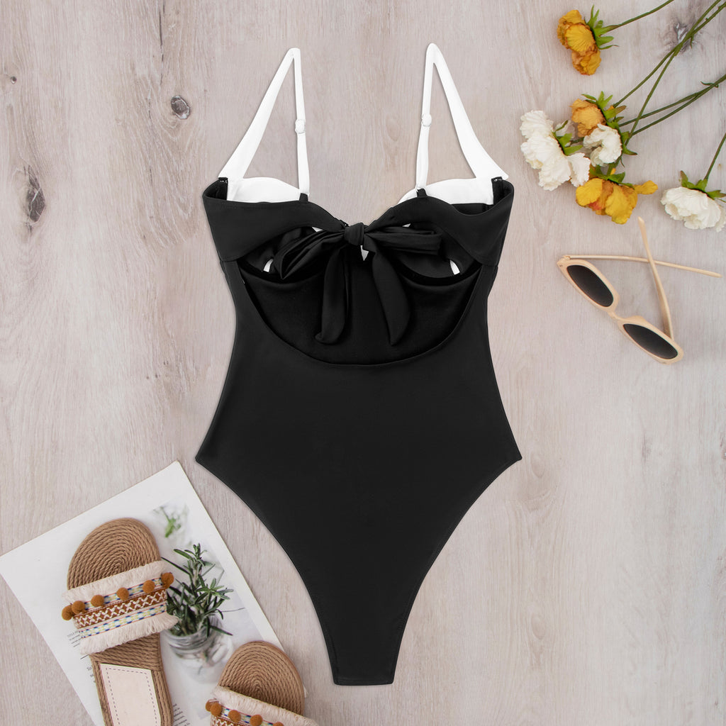 Contrast Trim Underwire One Piece Swimsuit - Black - 7