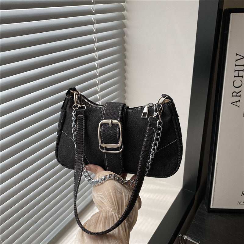 Denim Buckle Shoulder Bag With Chain Handle - Black