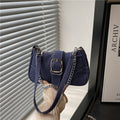 Denim Buckle Shoulder Bag With Chain Handle - Deep-Blue